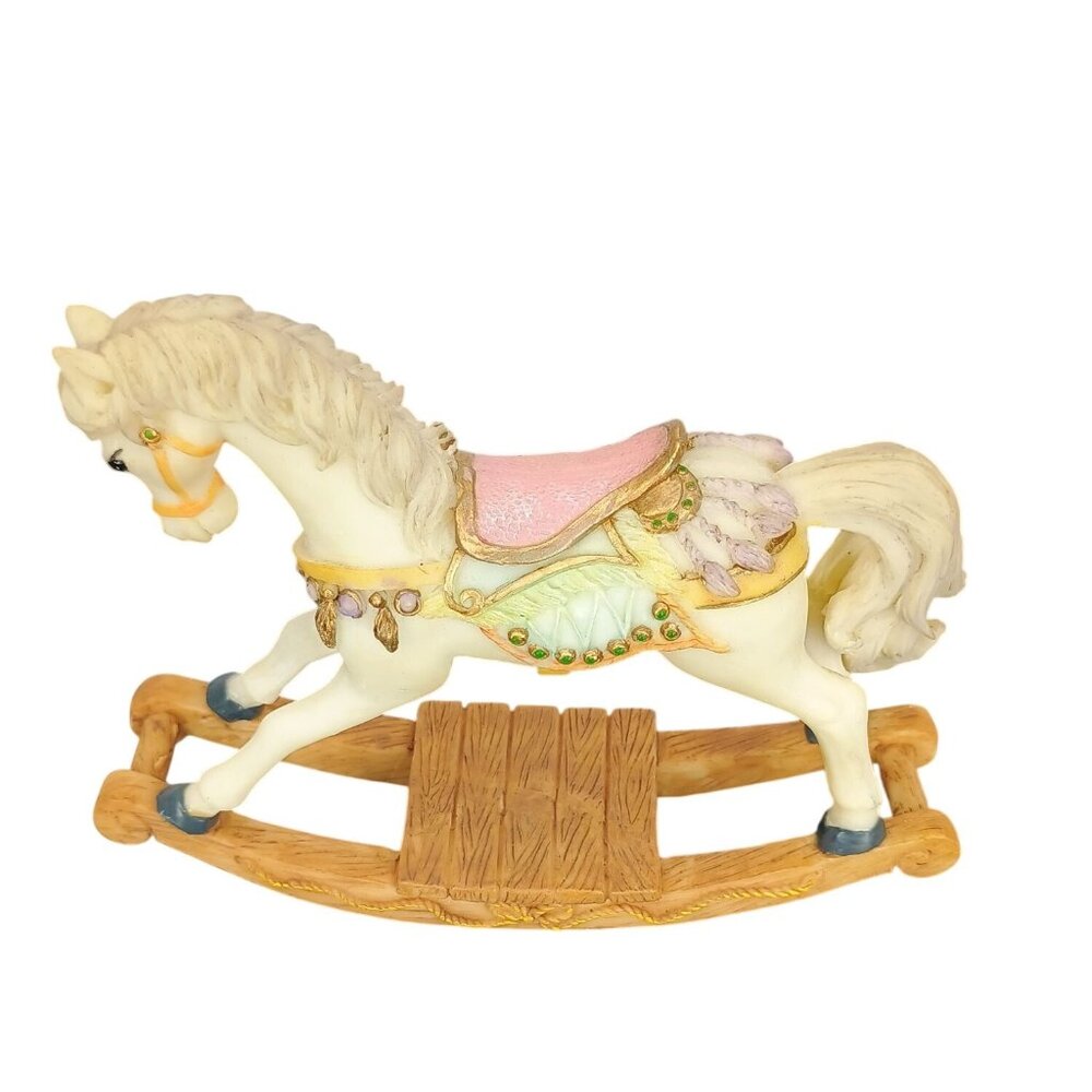 Vintage White Rocking Horse Figurine With Pink Saddle & Gold Accents 6" Tall Mad